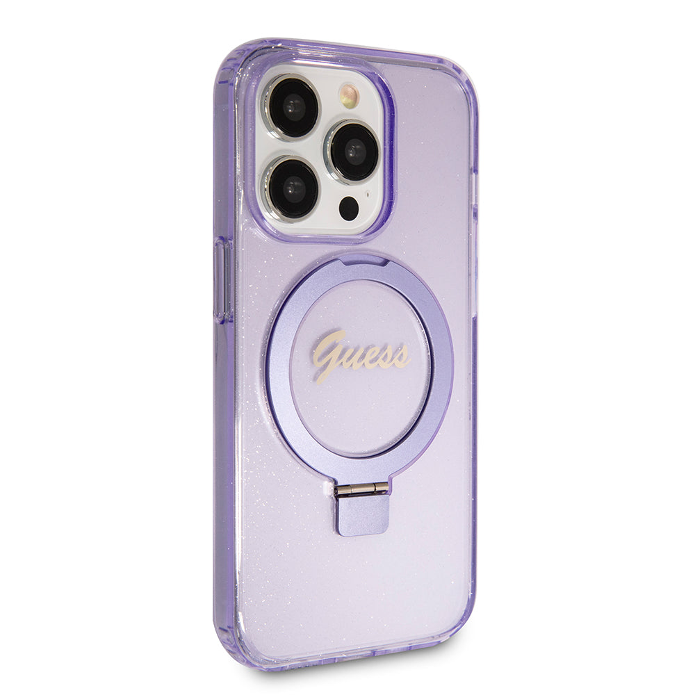 Guess MagSafe Ring Stand Glitter Hard Case Script Logo Θήκη προστασίας από σιλικόνη – iPhone 15 Pro (Διάφανη / Μωβ – GUHMP15LHRSGSU)