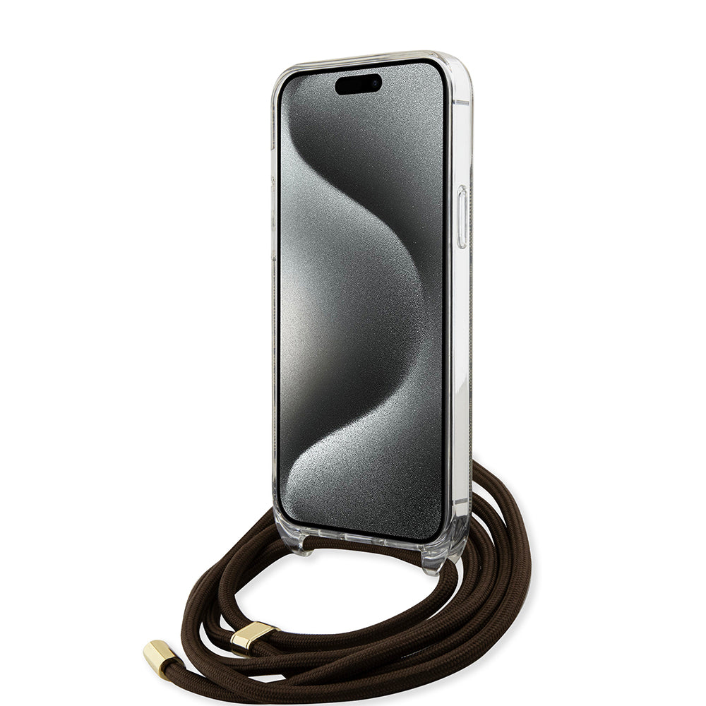 Guess "4G Logo Collection" Crossbody Hard Case Script Metal Logo Θήκη προστασίας από σιλικόνη με λουράκι – iPhone 15 (Καφέ – GUHCP15SHC4SEW)