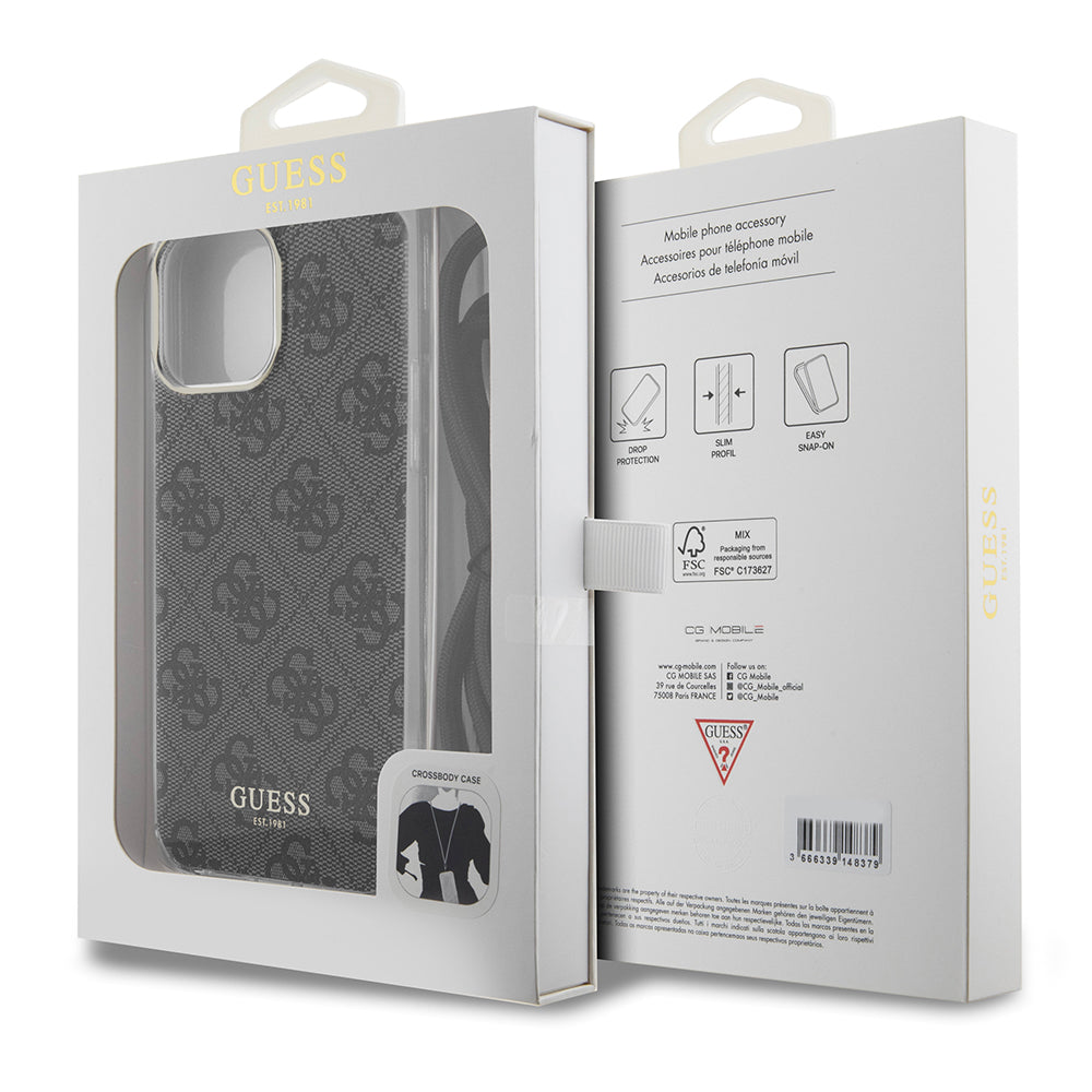 Guess "4G Logo Collection" Crossbody Hard Case Script Metal Logo Θήκη προστασίας από σιλικόνη με λουράκι – iPhone 15 Pro Max (Μαύρο – GUHCP15XHC4SEK)