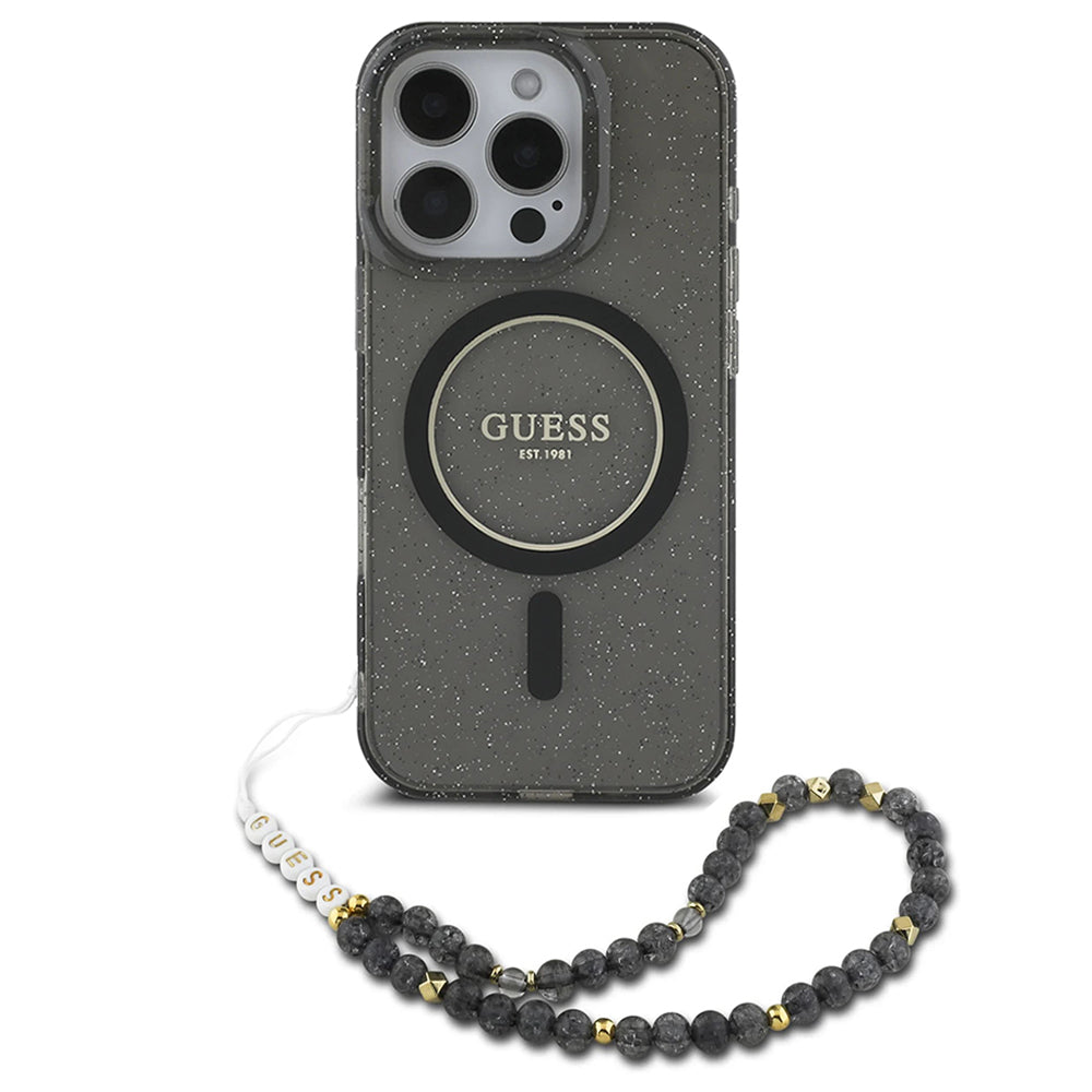 Guess Magsafe “Glitter with Pearl Strap” Hard Case Θήκη προστασίας από σκληρό πλαστικό – iPhone 16 Pro (Μαύρο – GUHMP16LHGCRELSK)