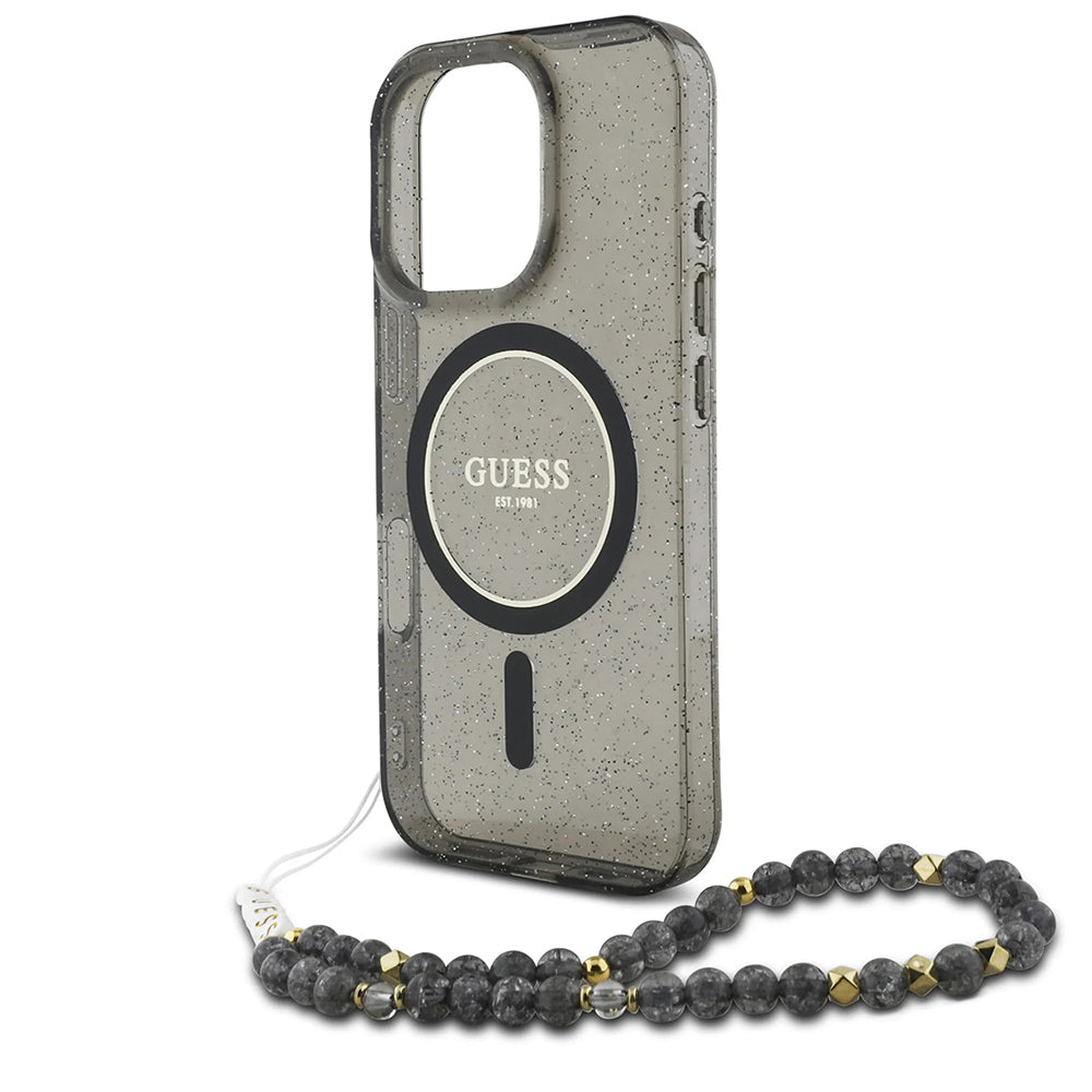 Guess Magsafe “Glitter with Pearl Strap” Hard Case Θήκη προστασίας από σκληρό πλαστικό – iPhone 16 Pro (Μαύρο – GUHMP16LHGCRELSK)