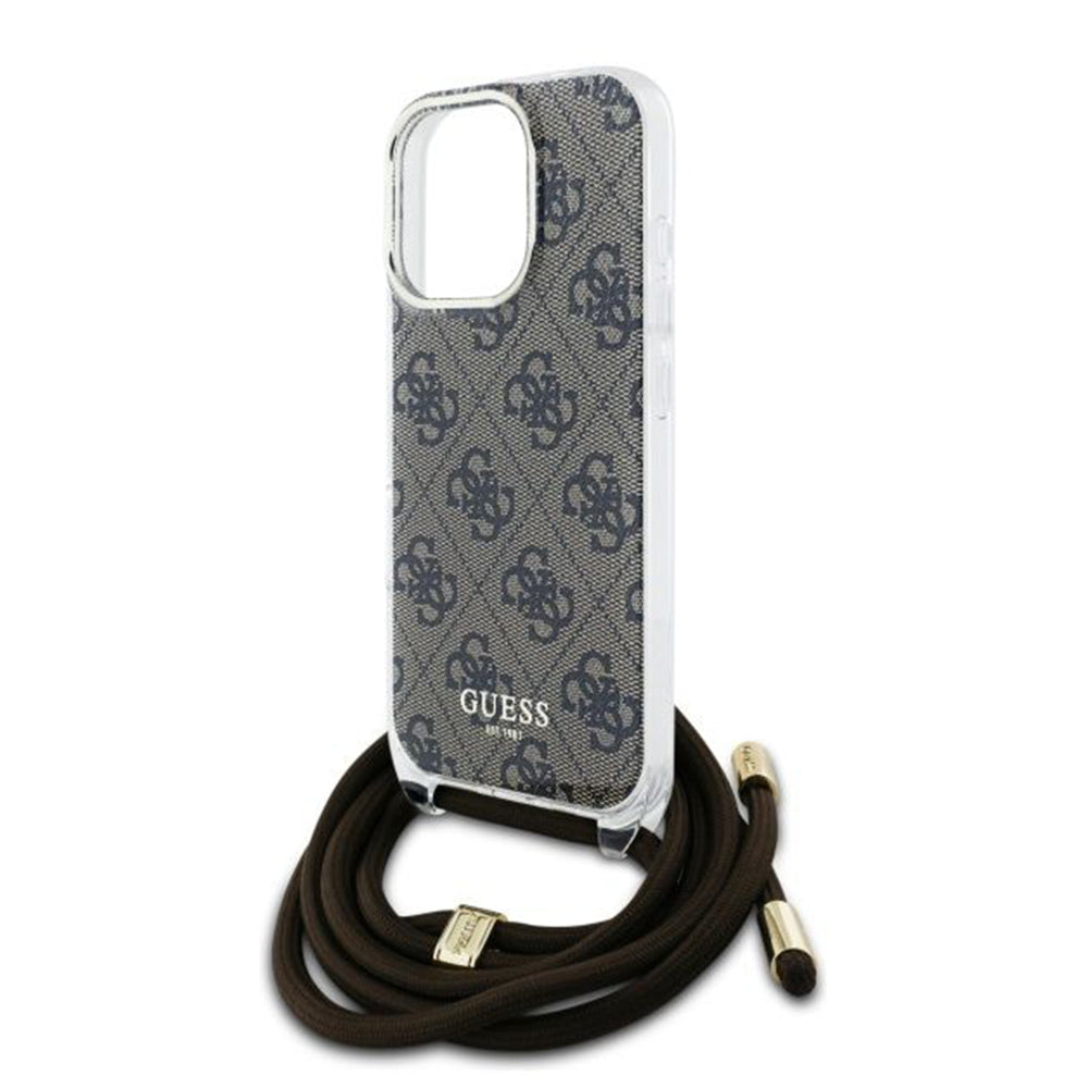 Guess “4G Logo Collection” Crossbody Hard Case Script Metal Logo Θήκη προστασίας από σιλικόνη με λουράκι – iPhone 16 Pro (Καφέ – GUHCP16LHC4SEW)