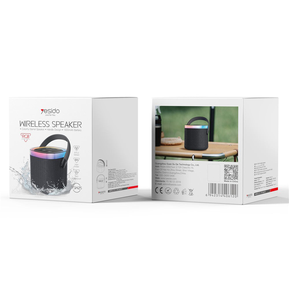 Yesido - Wireless Speaker (YSW25) - Bluetooth 5.3, RGB Lights, IP67 Waterproof, Handle, TF, AUX, USB, Type-C, 1800mAh - Black
