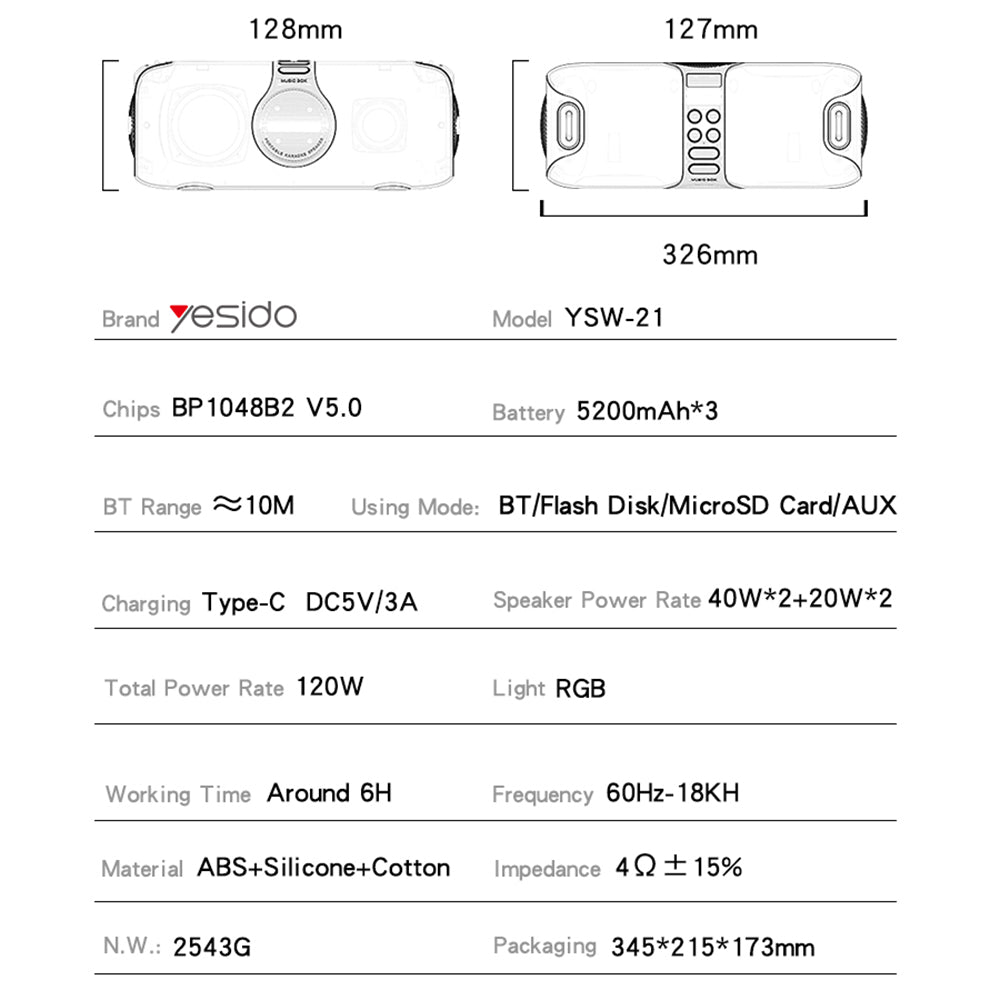 Yesido - Wireless Speaker (YSW21) - with UHF Microphone, Bluetooth 5.0, RGB Lights, IPX6, TF, AUX, 5200mAh, 120W - Black