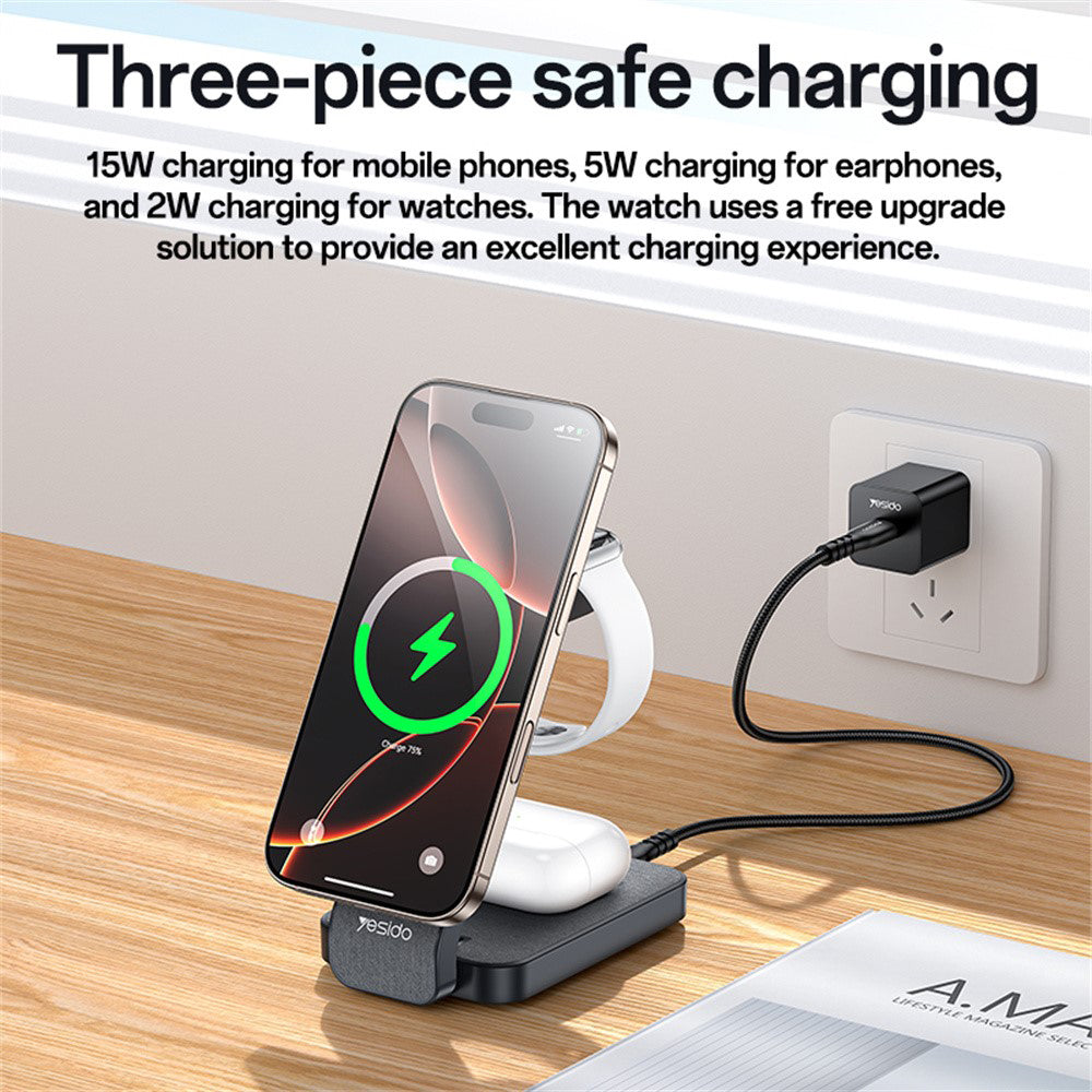 Yesido - Wireless Charging Station (DS26) - Magnetic, for Phone, Watch, Earbuds, Foldable, Stand, Night Light, 15W - Grey