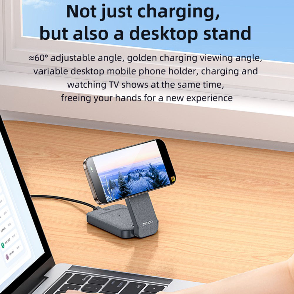 Yesido - Wireless Charging Station (DS26) - Magnetic, for Phone, Watch, Earbuds, Foldable, Stand, Night Light, 15W - Grey