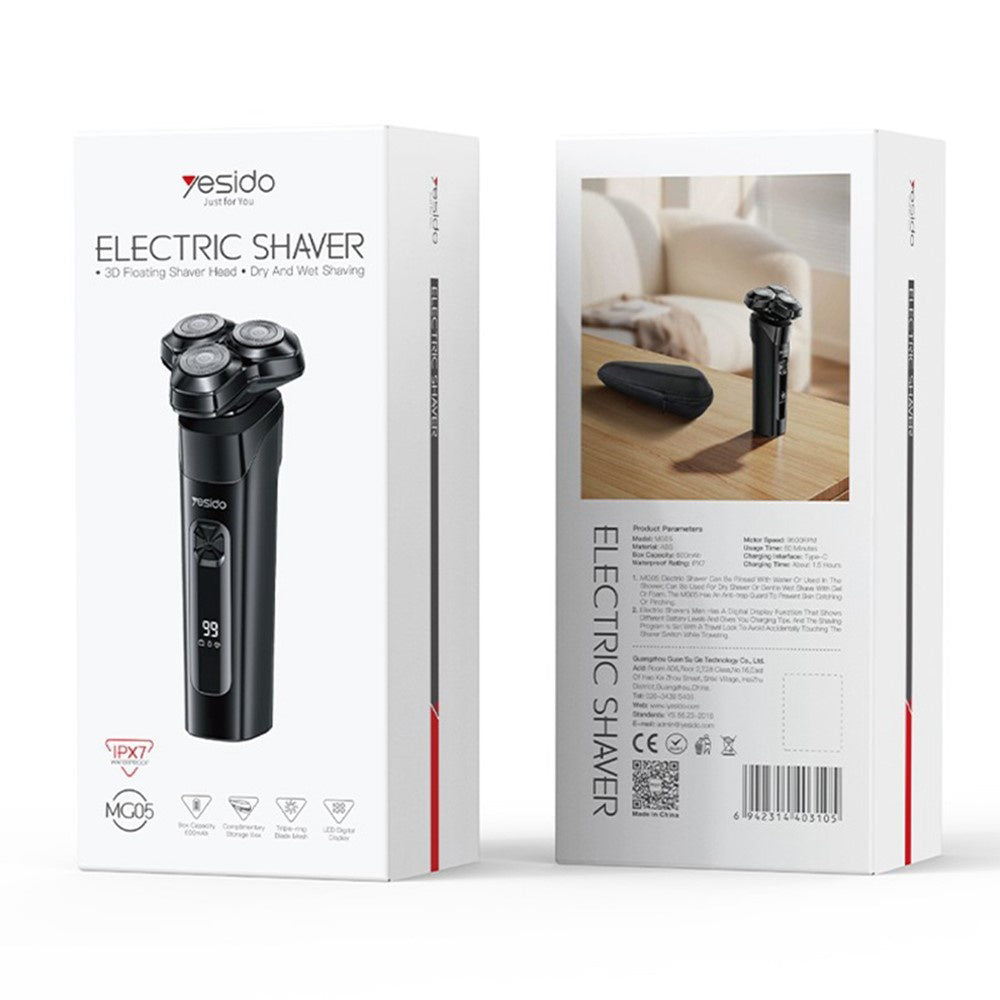 Yesido - Electric Shaver Razor (MG05) - with 3 Floating Cutter Heads, LED Power Display, USB, 9500RPM, 600mAh - Black