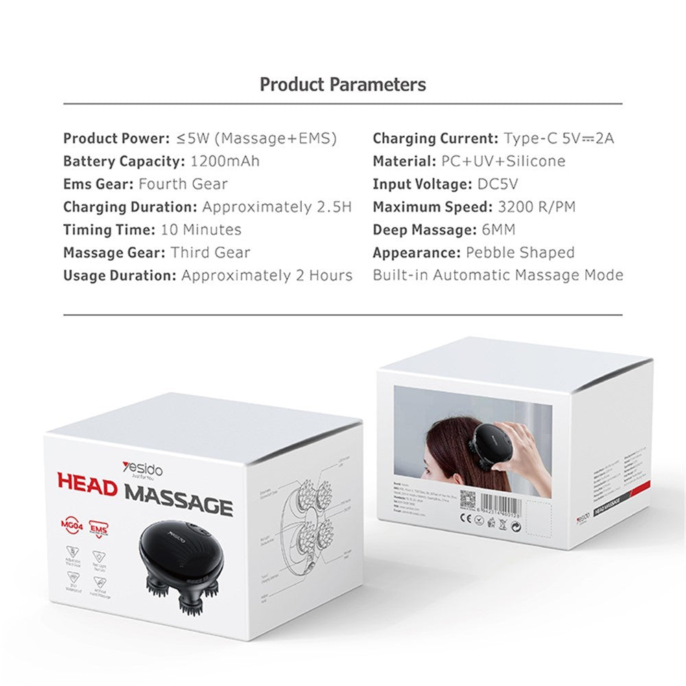 Yesido - Handheld Head Massager (MG04) - with 4 Gear Head Scratcher, Electrical Muscle Stimulation, 1200mAh, 3200RPM - Black