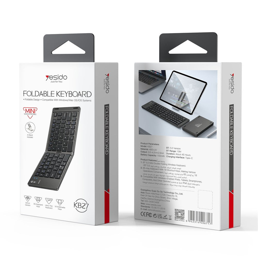 Yesido - Foldable Keyboard (KB27) - Type-C, 150mAh, Bluetooth 5.0, Compact Design, Ultra-Thin - Black