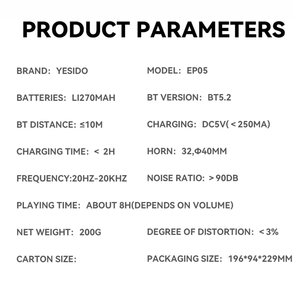 Yesido - Wireless Headphones (EP05) - Bluetooth V5.2, Noise Cancelling, 400mAh, Waterproof, Type-C Charging - Black