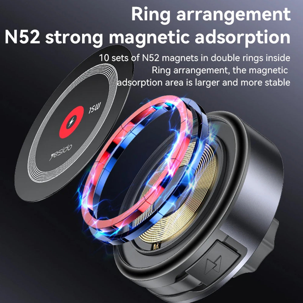 Yesido - Car Holder with Wireless Charging (C314) - for Dashboard, with Retractable Cable, Type-C, N52 Magnets, 15W - Black