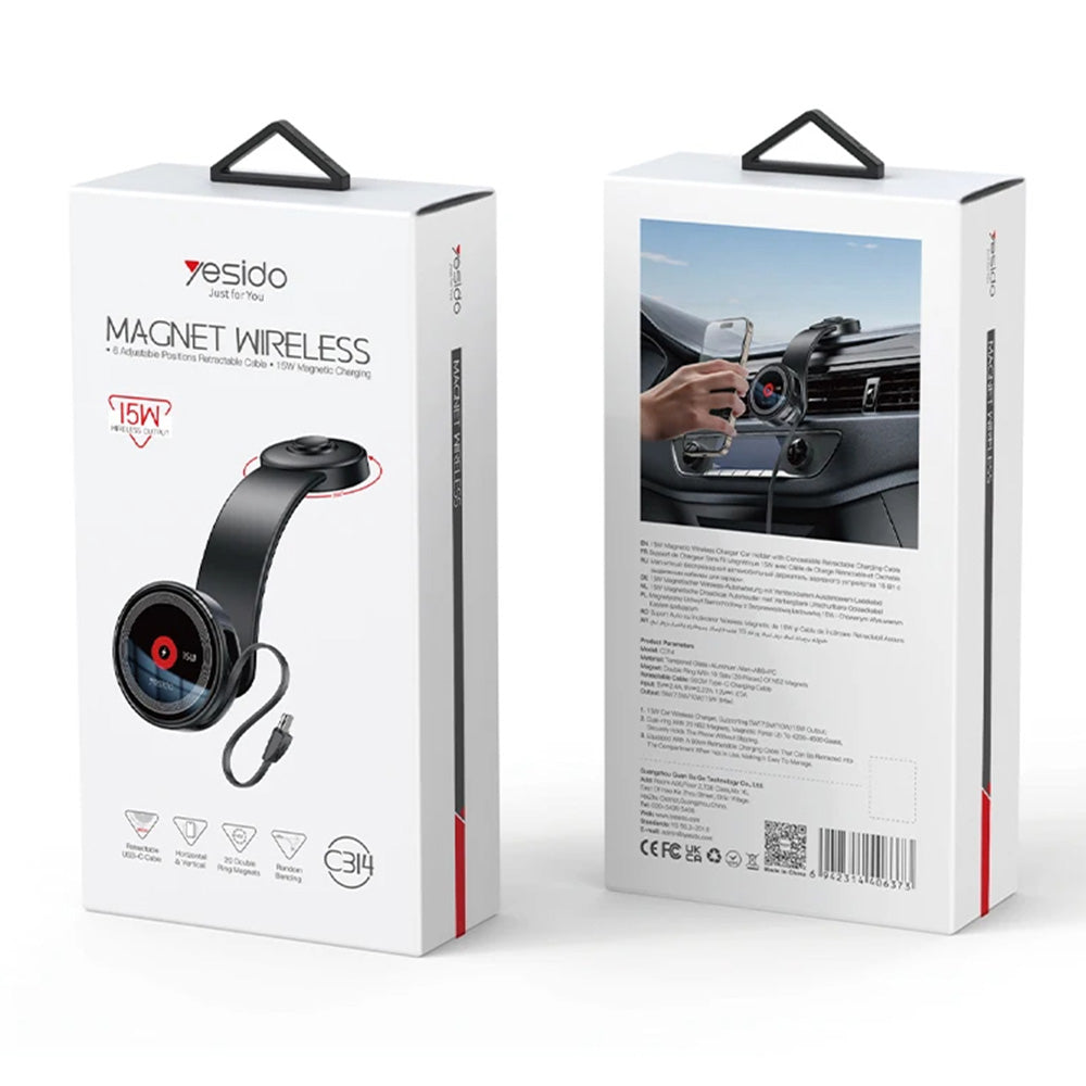 Yesido - Car Holder with Wireless Charging (C314) - for Dashboard, with Retractable Cable, Type-C, N52 Magnets, 15W - Black