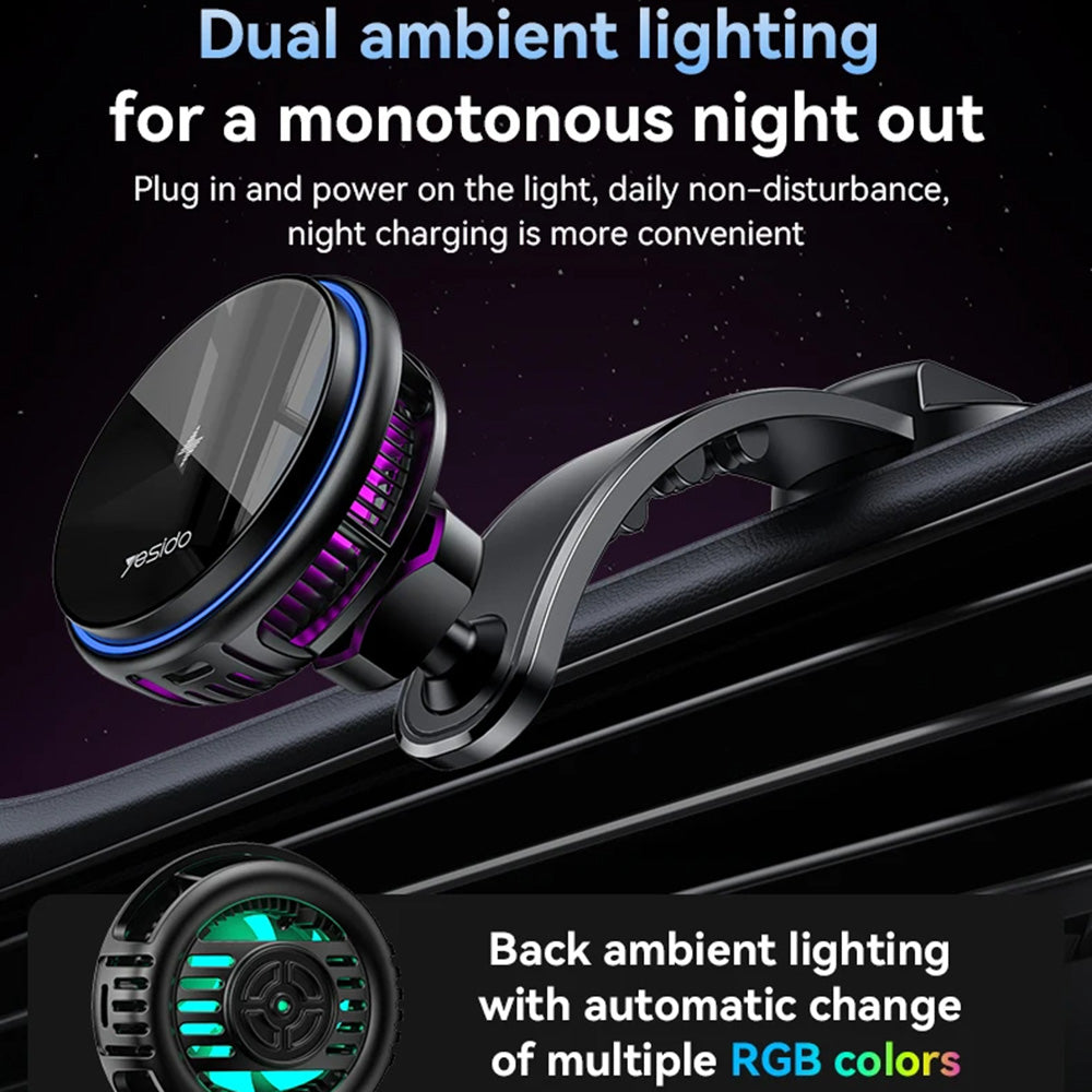 Yesido - Car Holder with Wireless Charging (C311) - for Dash, Semiconductor, Powerful Cooling, 2x Ambient Lights, 15W - Black