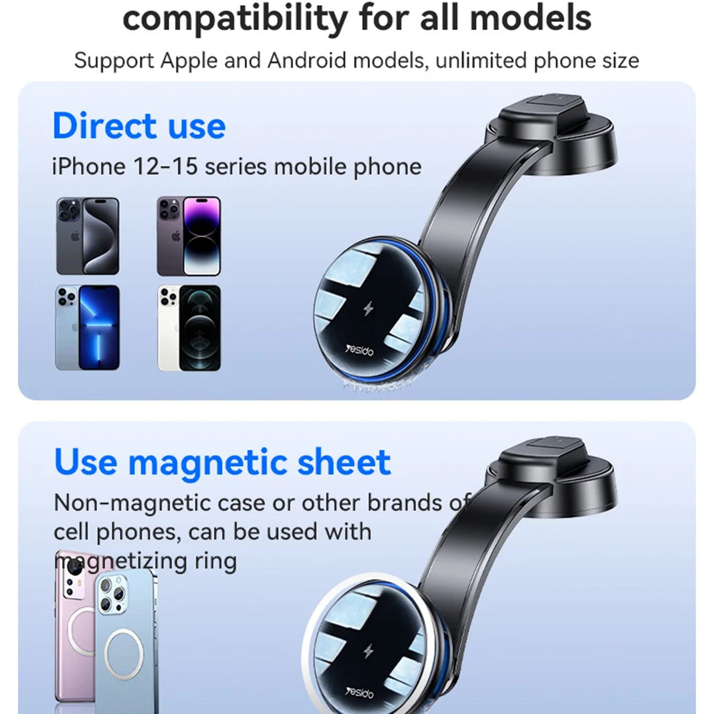 Yesido - Car Holder with Wireless Charging (C311) - for Dash, Semiconductor, Powerful Cooling, 2x Ambient Lights, 15W - Black