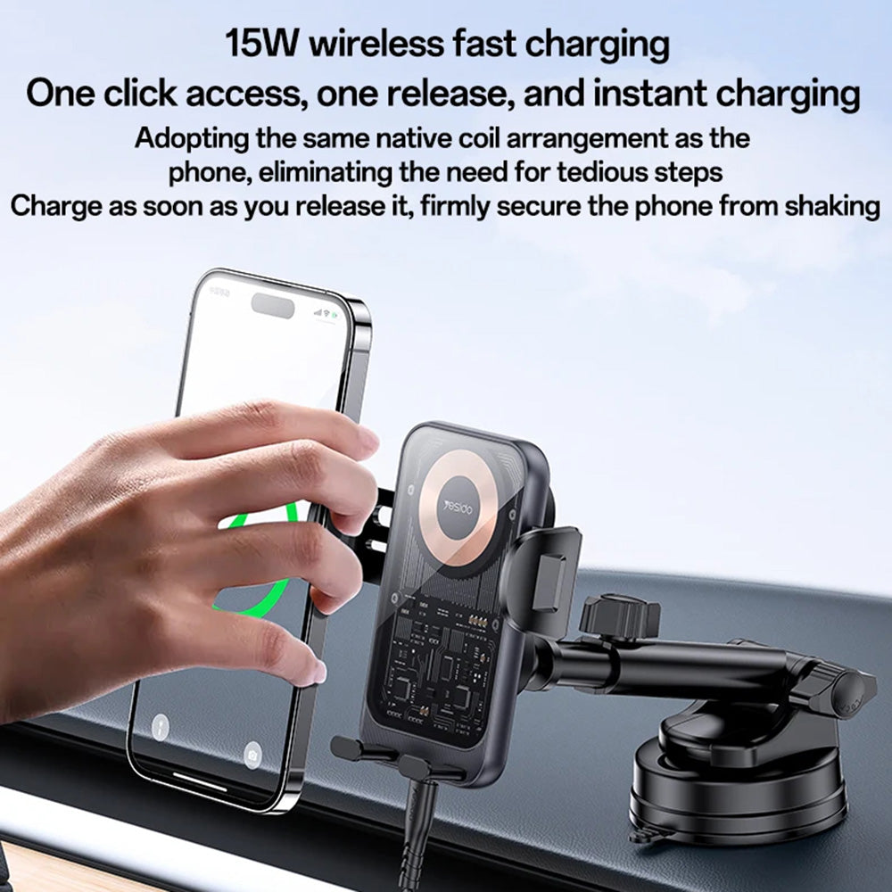 Yesido - Car Holder with Wireless Charging (C307) - for Dasboard, Electric Lock, Transparent Design, Smart Chip, 15W - Black