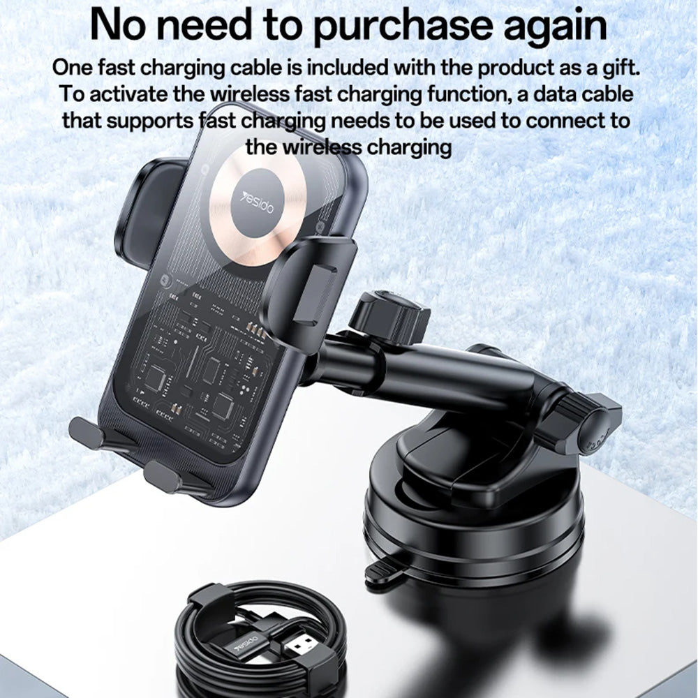Yesido - Car Holder with Wireless Charging (C307) - for Dasboard, Electric Lock, Transparent Design, Smart Chip, 15W - Black