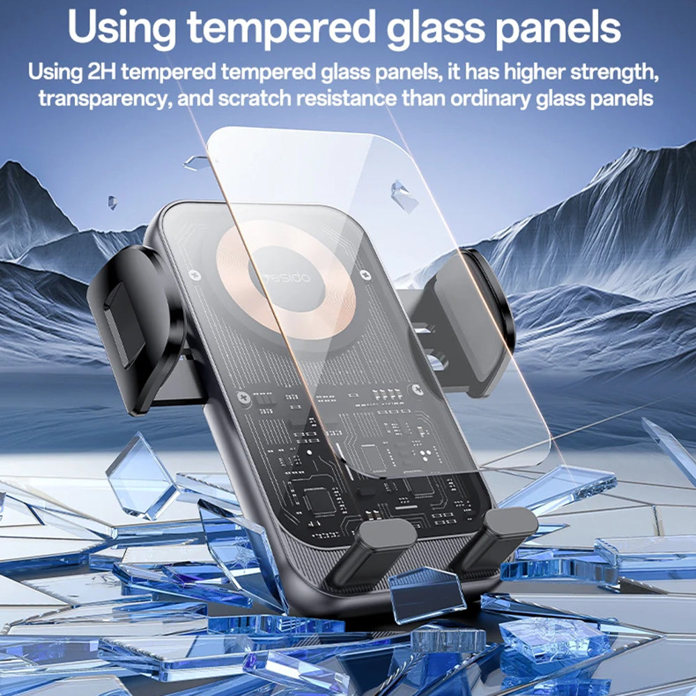 Yesido - Car Holder with Wireless Charging (C307) - for Dasboard, Electric Lock, Transparent Design, Smart Chip, 15W - Black