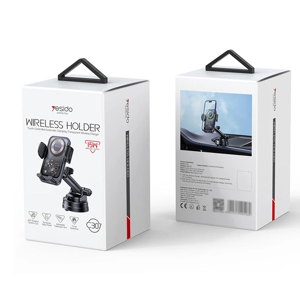 Yesido - Car Holder with Wireless Charging (C307) - for Dasboard, Electric Lock, Transparent Design, Smart Chip, 15W - Black