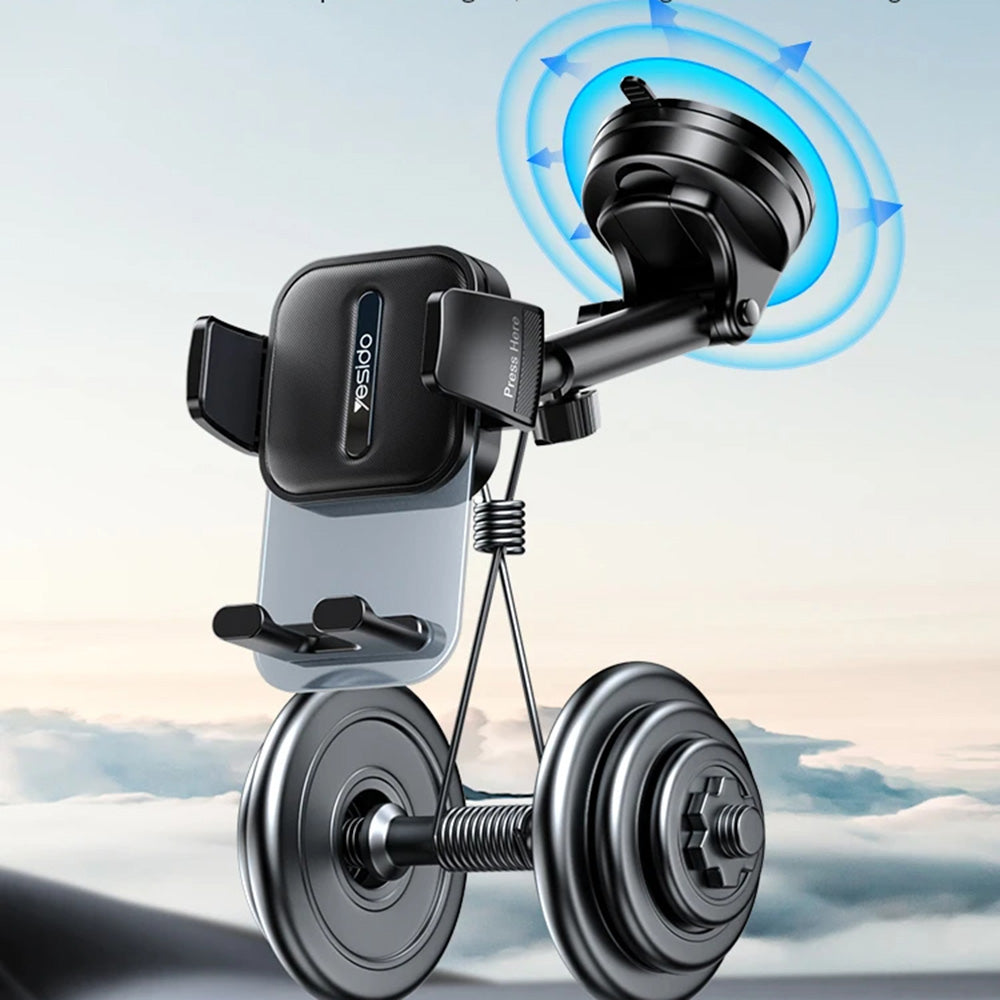 Yesido - Car Holder (C261) - for Dashboard/Windshield, 360°, Anti-slip, Transparent Panel, Telescopic Arm, Auto Clip - Black