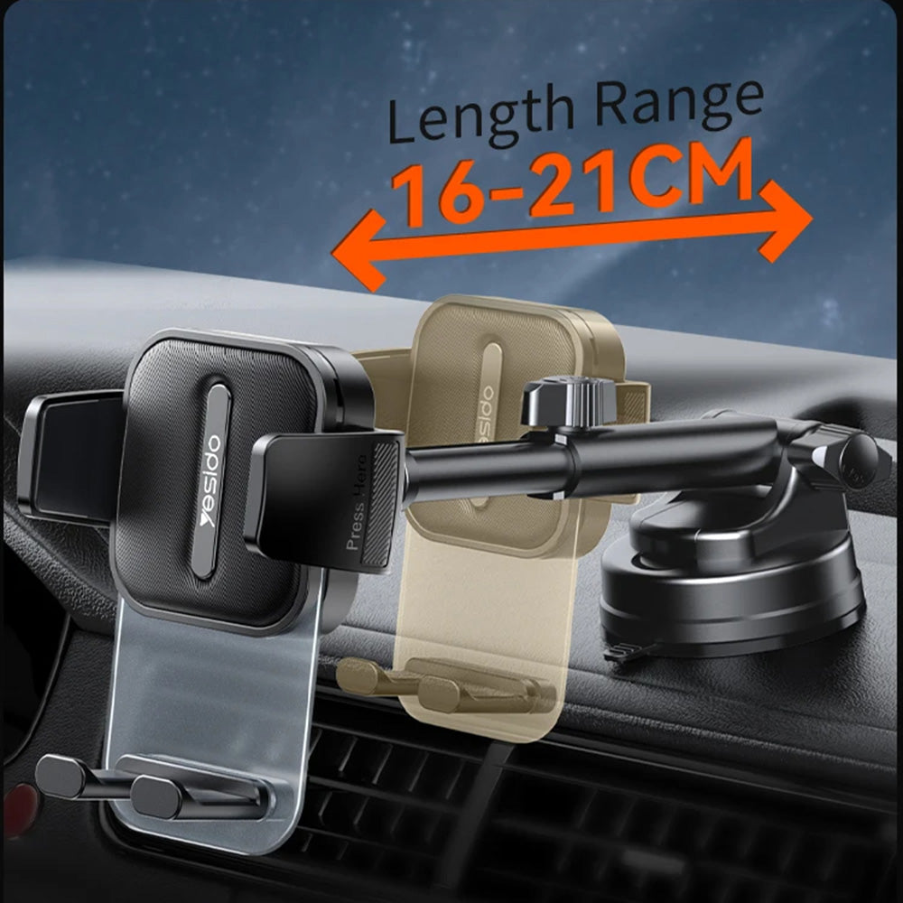 Yesido - Car Holder (C261) - for Dashboard/Windshield, 360°, Anti-slip, Transparent Panel, Telescopic Arm, Auto Clip - Black