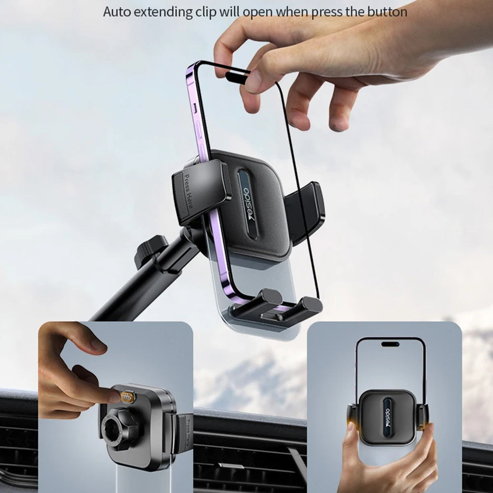 Yesido - Car Holder (C261) - for Dashboard/Windshield, 360°, Anti-slip, Transparent Panel, Telescopic Arm, Auto Clip - Black