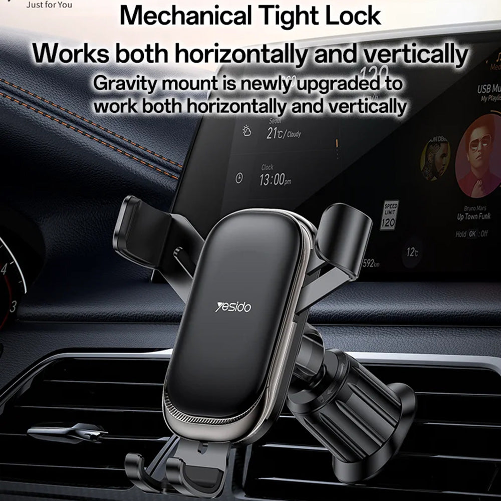 Yesido - Car Holder (C247) - for Air Vent, Mechanical Tight Lock, 360°, Transversal Gravity Mount, 4.7-7.2inch Phone - Black