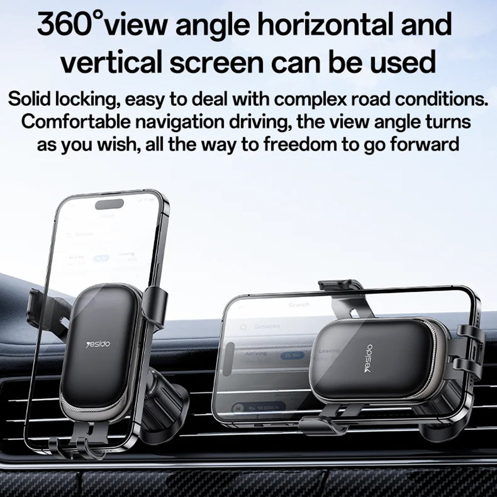 Yesido - Car Holder (C247) - for Air Vent, Mechanical Tight Lock, 360°, Transversal Gravity Mount, 4.7-7.2inch Phone - Black