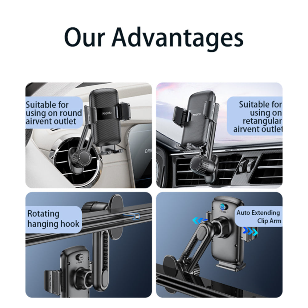Yesido - Car Holder (C242) - for Air Vent, with Auto Extending Clip by Switch Button, Telescopic Arm - Black