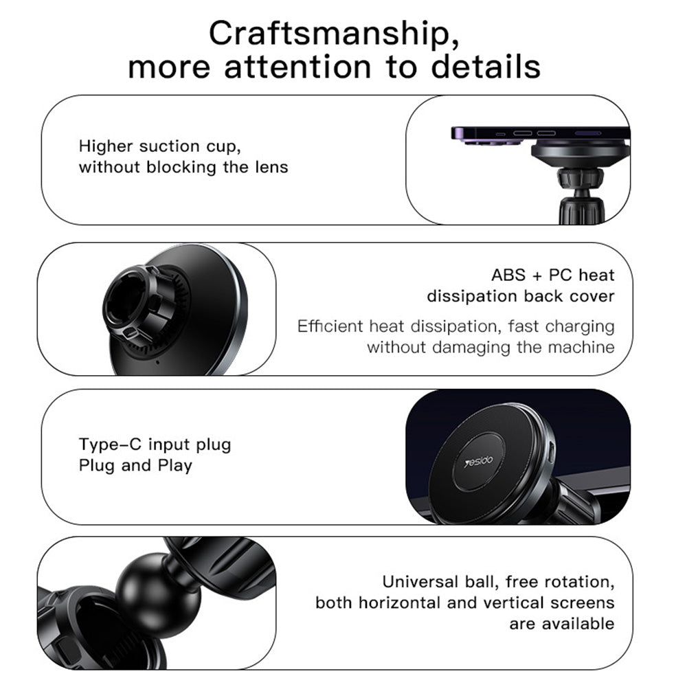 Yesido - Car Holder with Wireless Charging (C190) - for Windshield, 360°, Intelligent Identification, 15W - Black