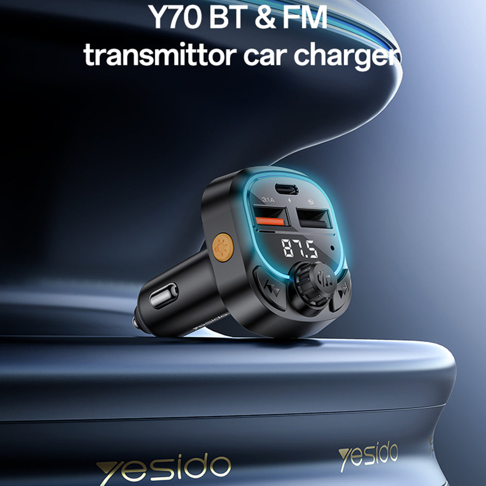 Yesido - FM Modulator and Car Charger (Y70) - Dual-Port USB-C + USB-A, Bluetooth 5.3, 15W - Black