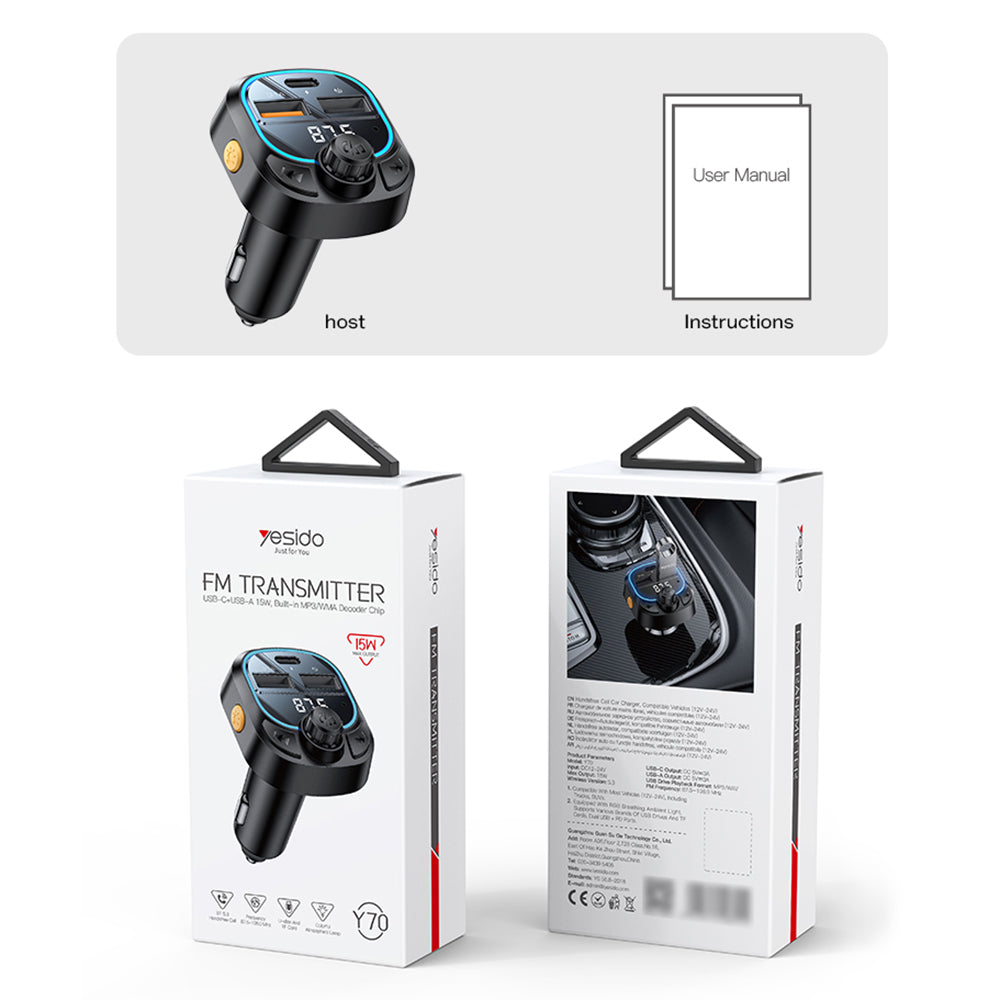 Yesido - FM Modulator and Car Charger (Y70) - Dual-Port USB-C + USB-A, Bluetooth 5.3, 15W - Black