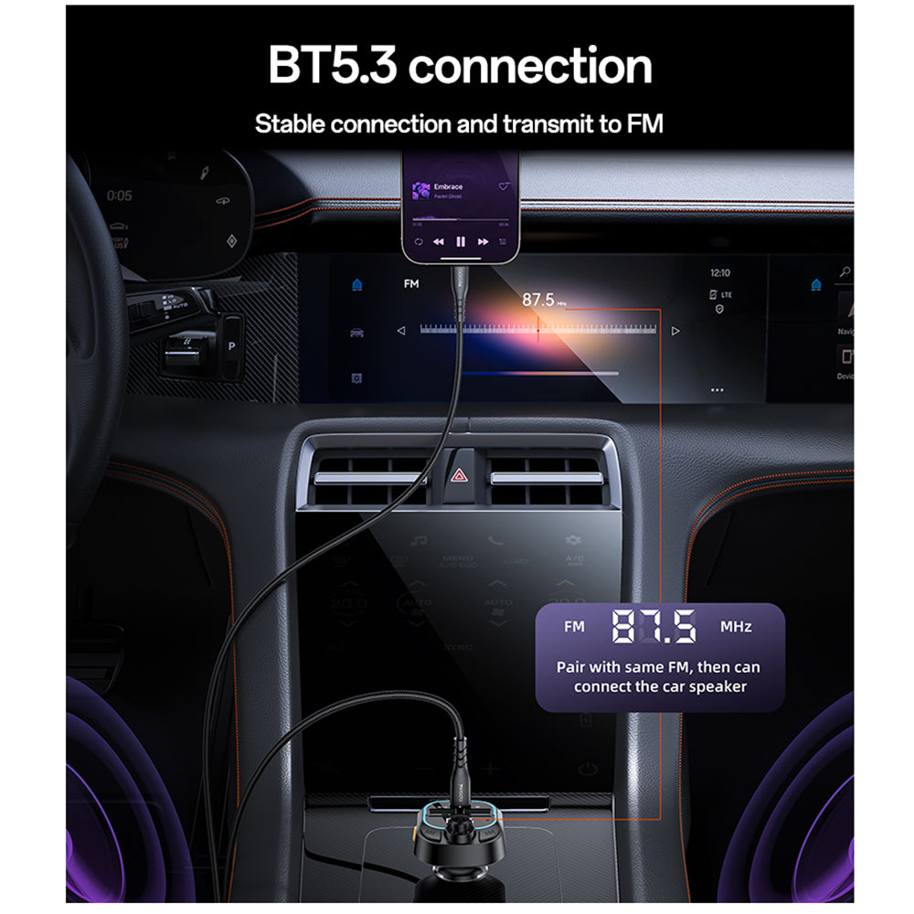 Yesido - FM Modulator and Car Charger (Y70) - Dual-Port USB-C + USB-A, Bluetooth 5.3, 15W - Black