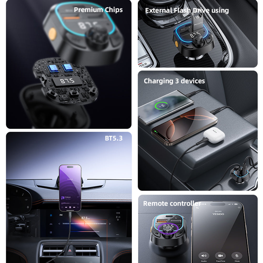 Yesido - FM Modulator and Car Charger (Y70) - Dual-Port USB-C + USB-A, Bluetooth 5.3, 15W - Black