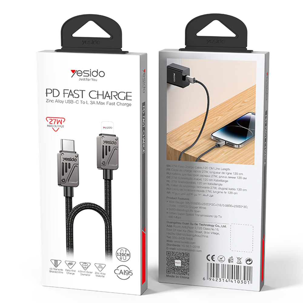 Yesido - Data Cable (CA195) - Type-C to Lightning, Fast Charging, PD27W, CarPlay Compatible, Zinc Alloy, 1.2m - Black