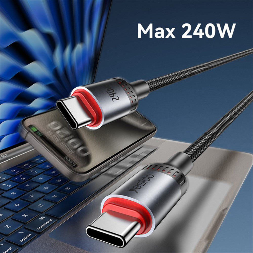 Yesido - Data Cable (CA186) - Type-C to Type-C, Fast Charging, 480Mbps, 240W, 48V/5A, E-Mark Chip, Nylon Braided, 2m - Black