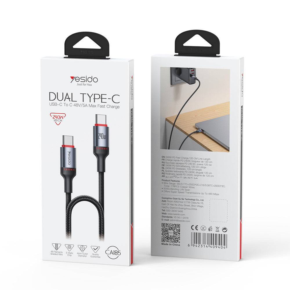 Yesido - Data Cable (CA185) - Type-C to Type-C, Fast Charging, 480Mbps, 240W, 48V/5A, E-Mark Chip, Nylon Braided, 1.2m - Black