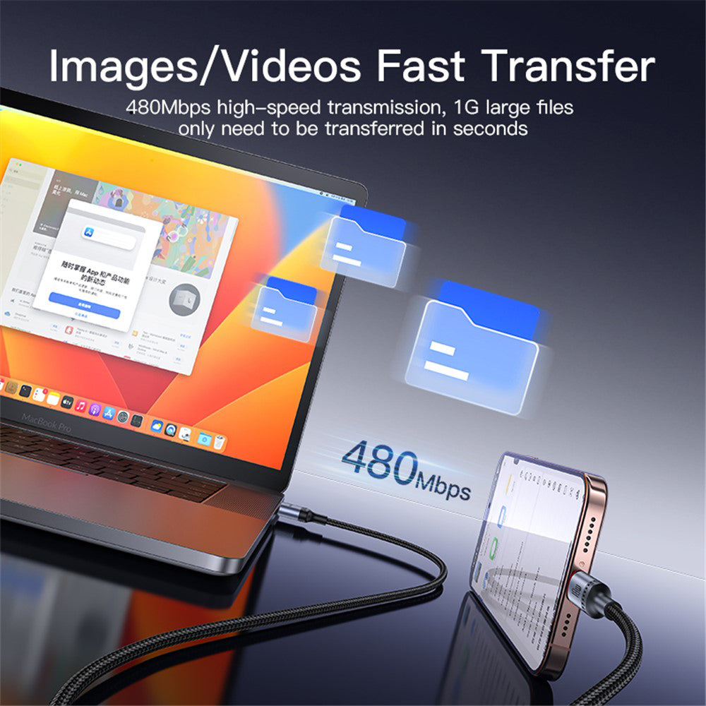 Yesido - Data Cable (CA129C) - USB to Type-C, Fast Charge, 18W, 3A, 480Mbps, CarPlay Compatible, Aluminum Alloy, 1.2m - Black