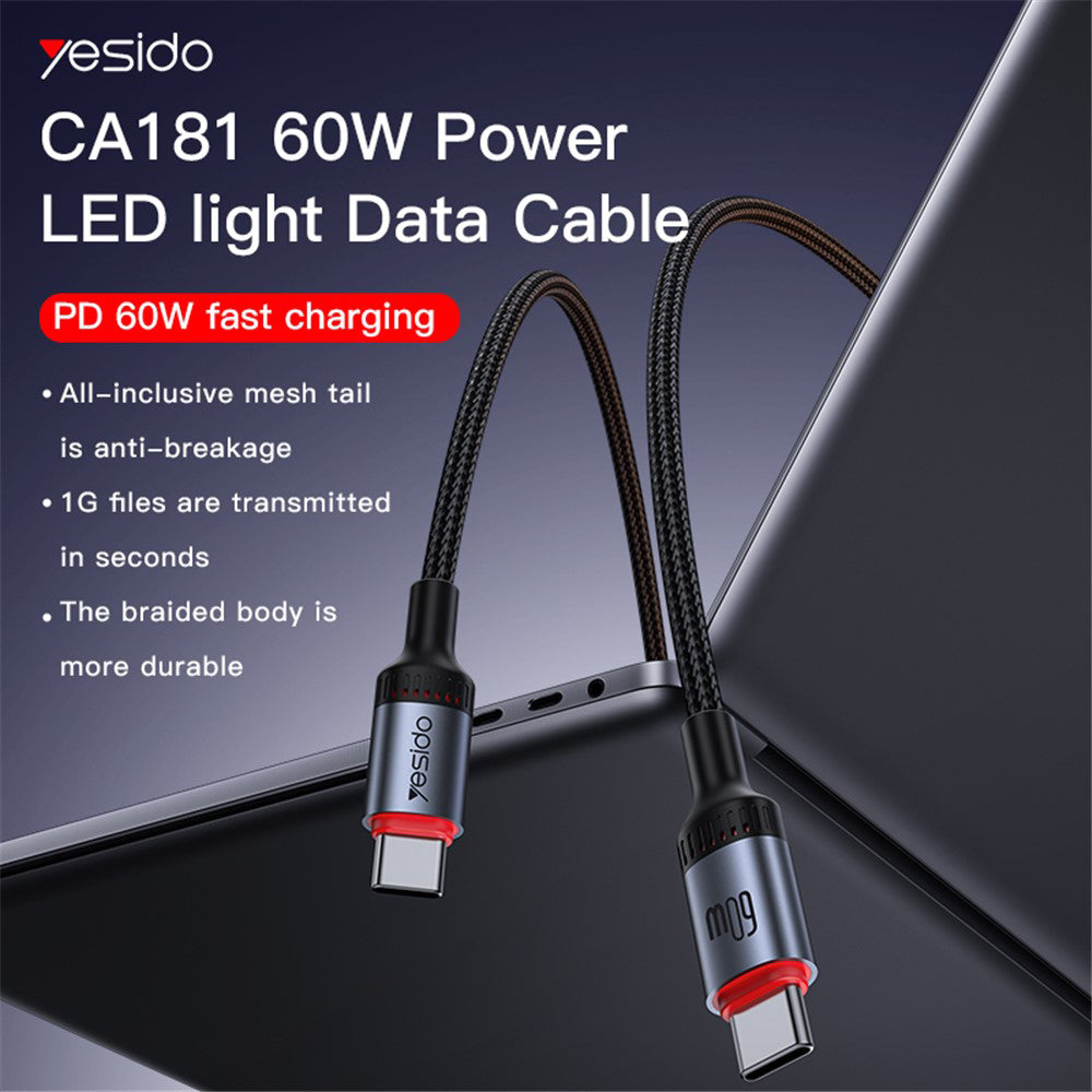 Yesido - Data Cable (CA181) - Type-C to Type-C, Fast Charging, 60W, 3A, 480Mbps, Aluminum Alloy, 1.2m - Black