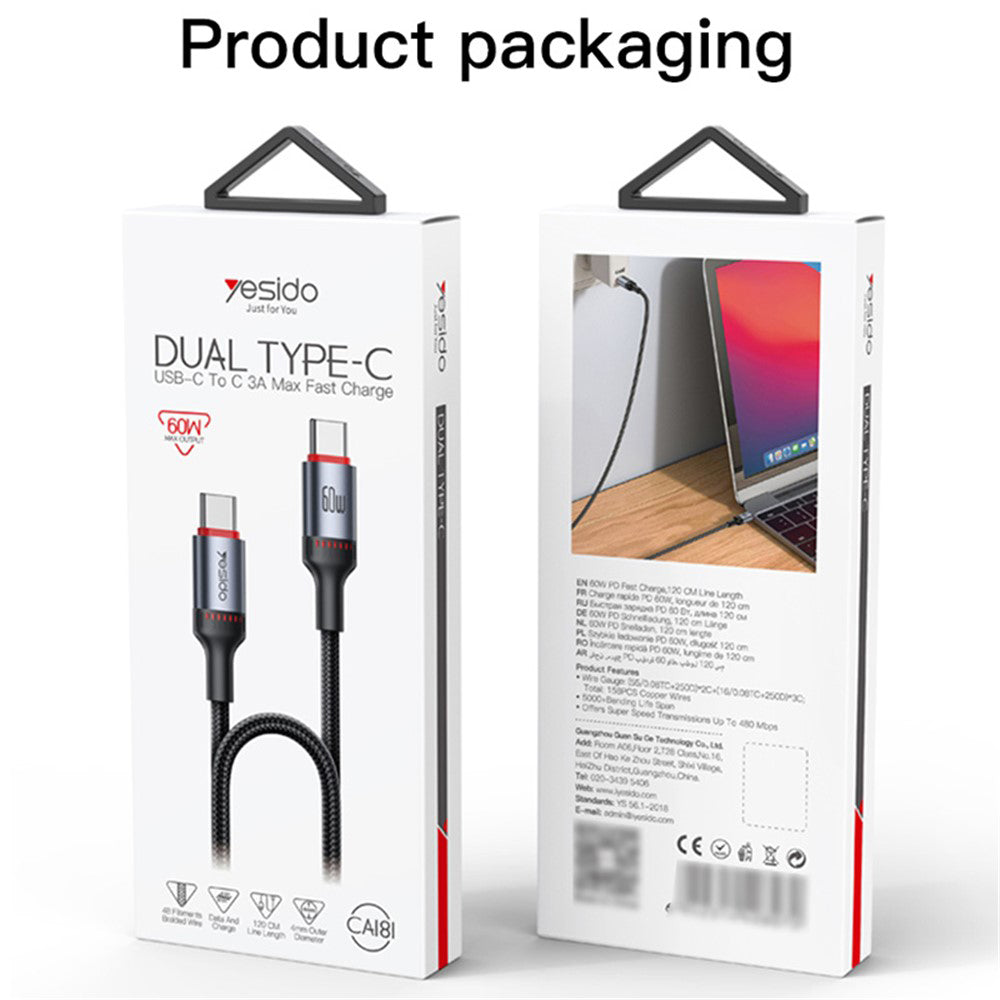 Yesido - Data Cable (CA181) - Type-C to Type-C, Fast Charging, 60W, 3A, 480Mbps, Aluminum Alloy, 1.2m - Black