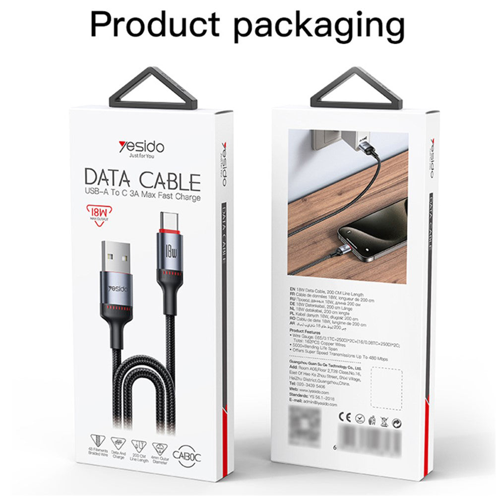 Yesido - Data Cable (CA130C) - USB to Type-C, Fast Charge, 18W, 3A, 480Mbps, CarPlay Compatible, Aluminum Alloy, 2m - Black