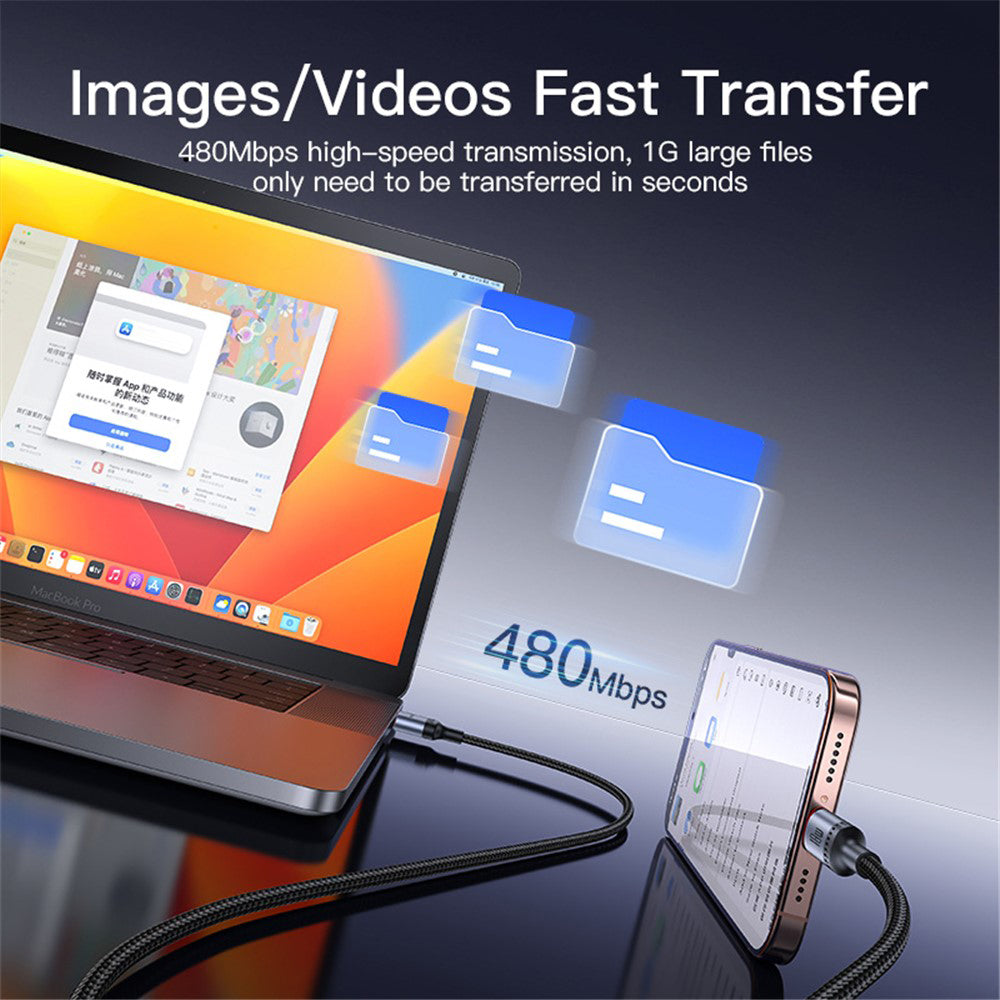 Yesido - Data Cable (CA130C) - USB to Type-C, Fast Charge, 18W, 3A, 480Mbps, CarPlay Compatible, Aluminum Alloy, 2m - Black