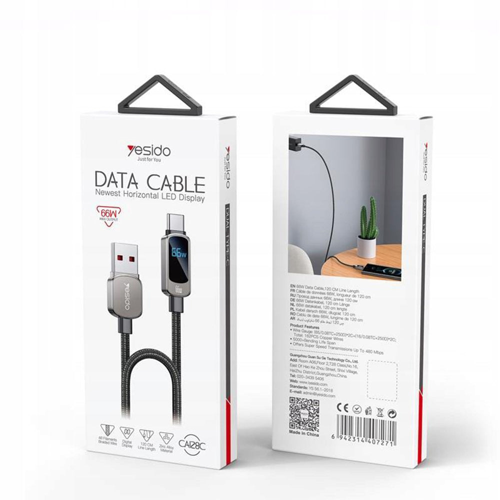 Yesido - Data Cable (CA128C) - with LED Power Display, USB to Type-C, Fast Charge, 66W, 5A, 480Mbps, 1.2m - Black
