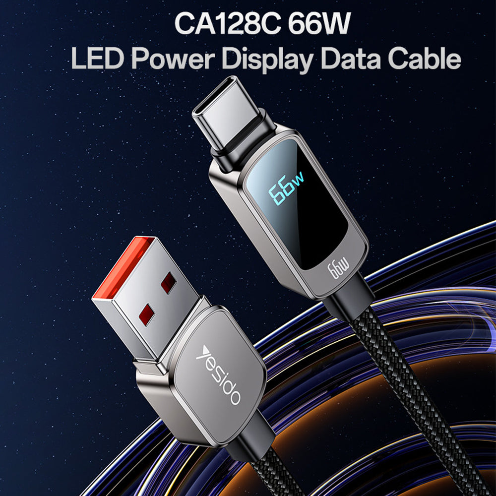 Yesido - Data Cable (CA128C) - with LED Power Display, USB to Type-C, Fast Charge, 66W, 5A, 480Mbps, 1.2m - Black
