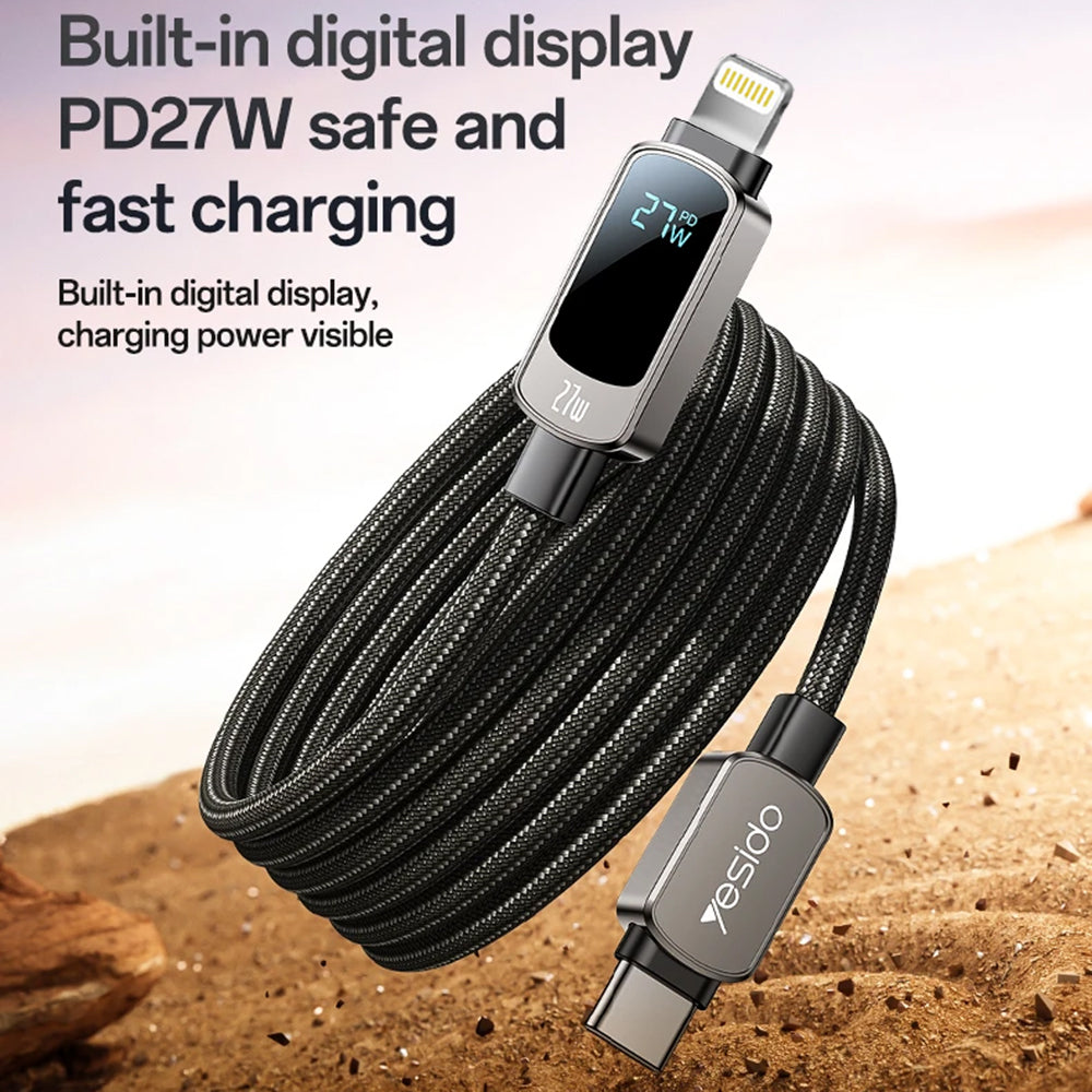Yesido - Data Cable (CA180) - Super Fast Charging, with Digital Display, Type-C to Lightning, 27W, 3A, 480Mbps, 1.2m - Black