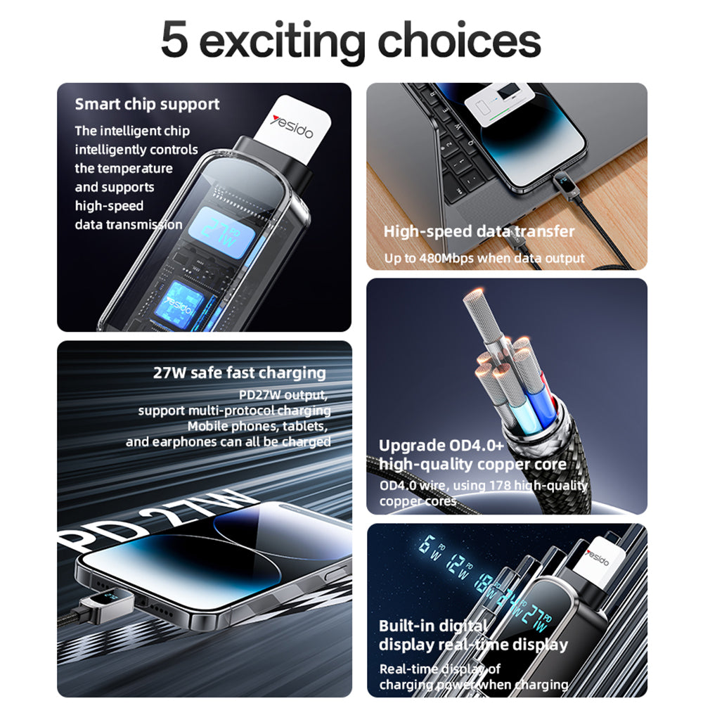 Yesido - Data Cable (CA180) - Super Fast Charging, with Digital Display, Type-C to Lightning, 27W, 3A, 480Mbps, 1.2m - Black
