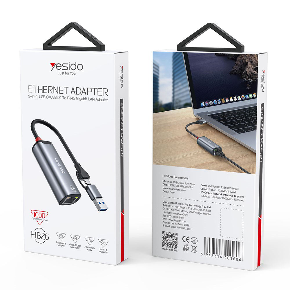 Yesido - Ethernet Adapter (HB26) - USB, Type-C to RJ45, for Windows, MacOS, Linux, 1000Mbps - Gray