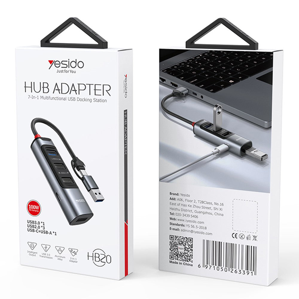 Yesido - Docking Station 5in1 (HB20) - USB, Type-C to 4x USB, USB-C, PD100W, Fast Charge, Plug & Play, 5Gbps - Gray