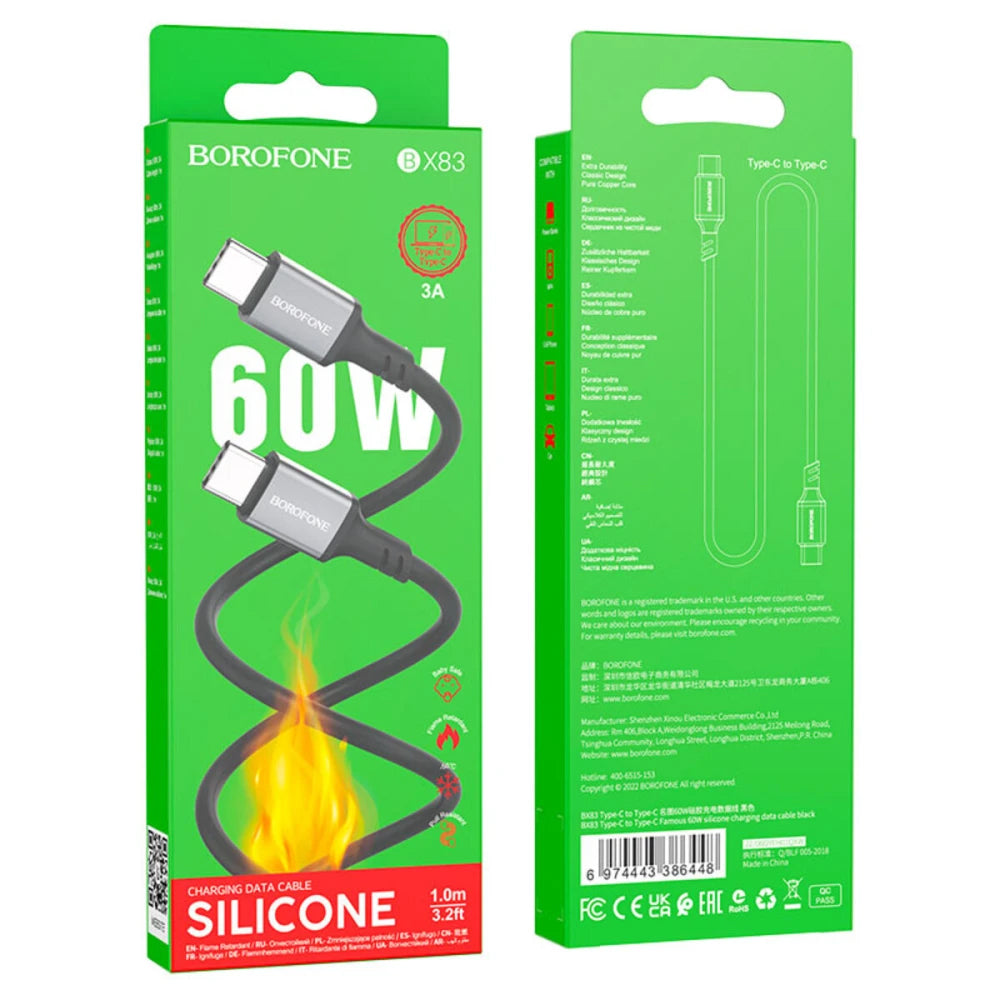 Borofone - Data Cable (BX83) - Type-C to Type-C, Silicone, Universal, 60W, 1m - Black