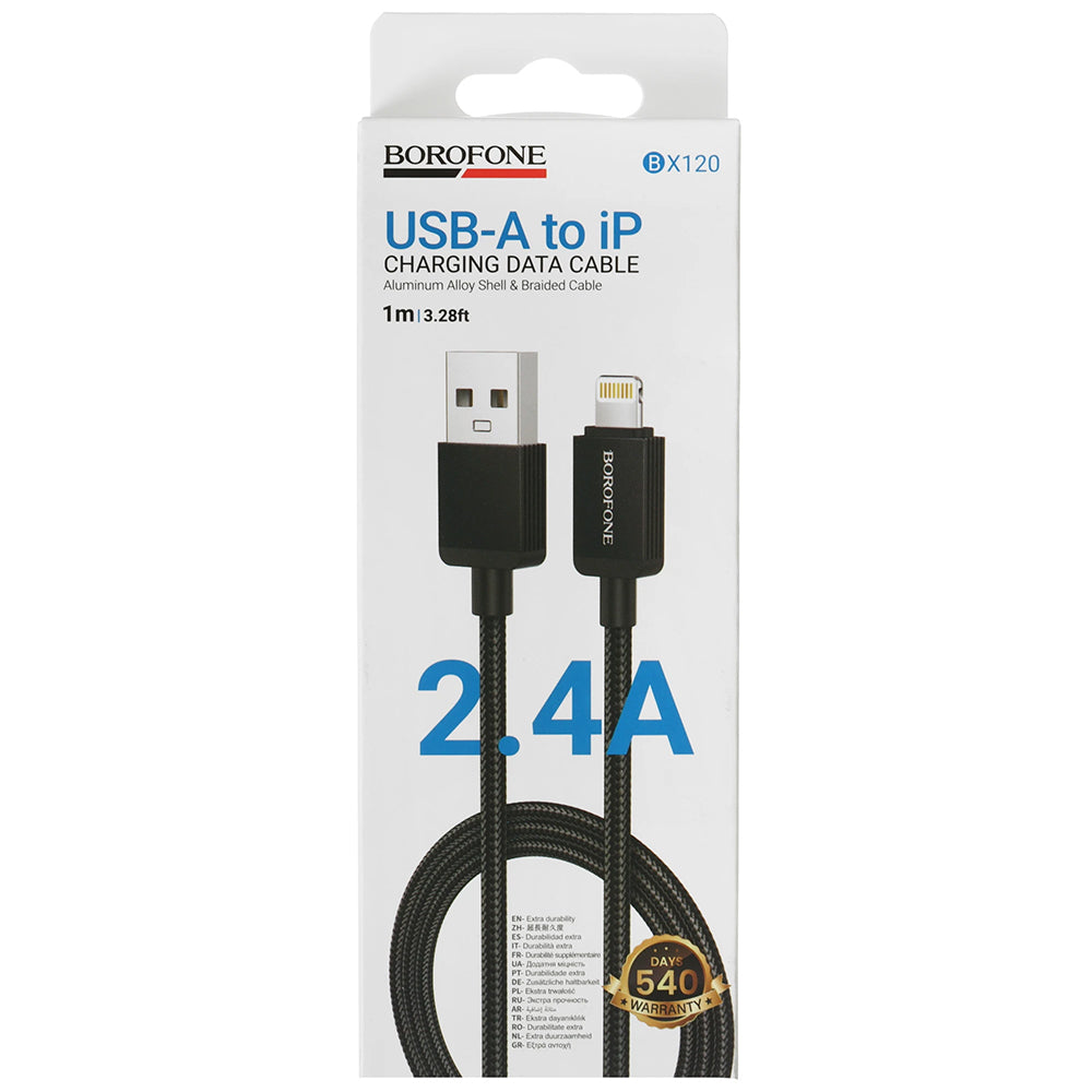Borofone - Data Cable Placer Series (BX120) - USB to Lightning, Aluminum Alloy Shell, Nylon Braided Cable, 2.4A, 1m - Black
