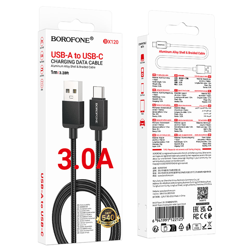 Borofone - Data Cable Placer Series (BX120) - USB to Type-C, Aluminum Alloy Shell, Nylon Braided Cable, 3A, 1m - Black